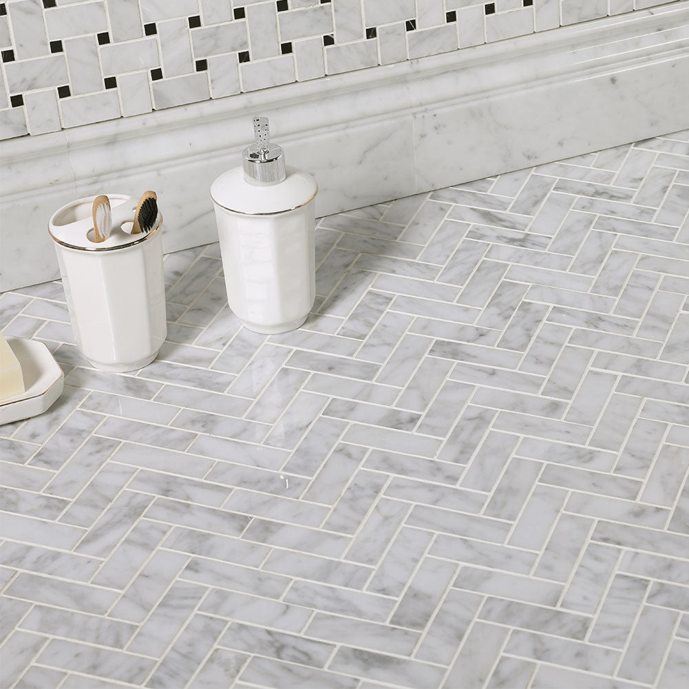 Herringbone White Bianco Carrara  Marble  Mosaic Tile  Diflart