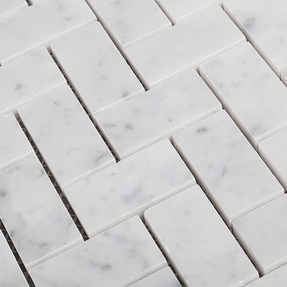 Italian Carrara  White Marble  1x2 Herringbone Mosaic  Tile  