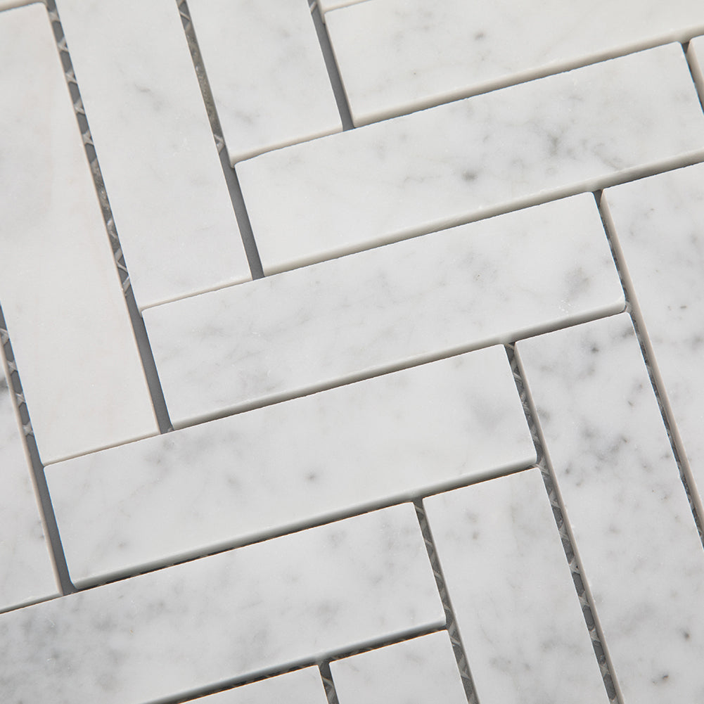1 x 4 Herringbone  White Bianco Carrara  Marble  Mosaic Tile  