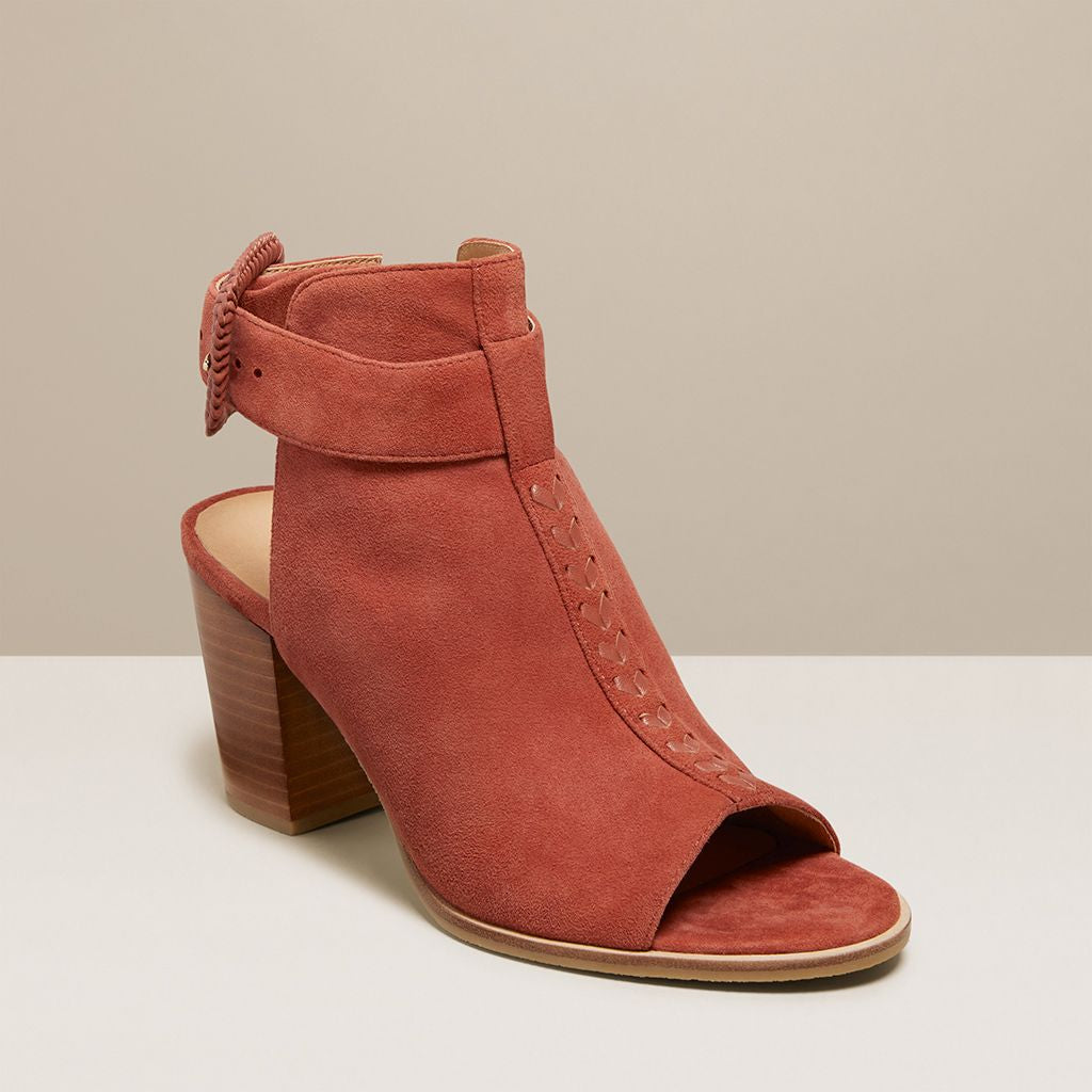 red suede open toe booties