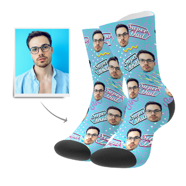 Father's Day Gifts, Custom Face Socks - Super Dad Retro