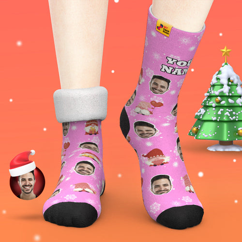 Pink Christmas Custom Thick Socks Photo 3D Digital Printed Socks Autumn Winter Warm Socks Cute Gift - MyFaceSocks