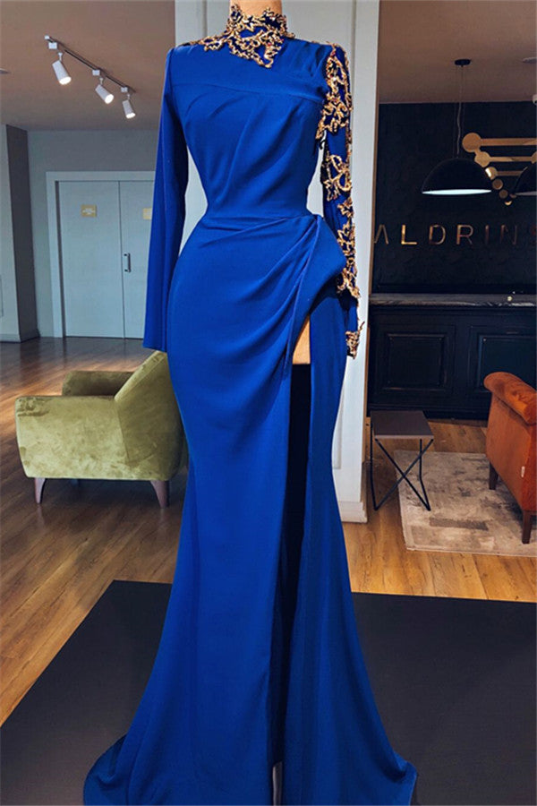 royal blue evening dress with sleeves