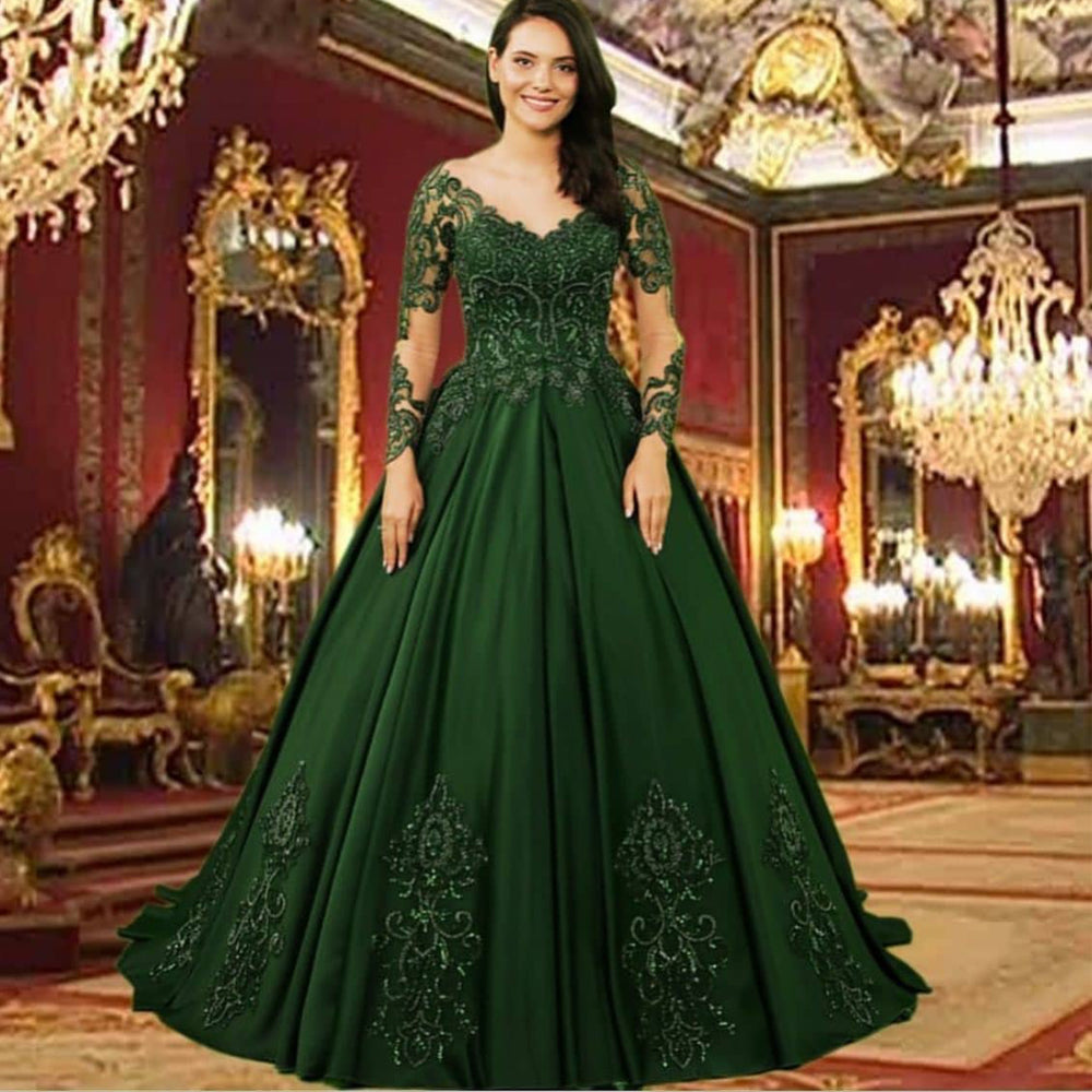 vintage green prom dresses ball gown lace applique beaded sleeve inspirationalbridal