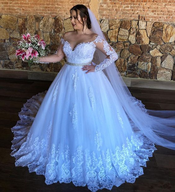 plus size white gown with sleeves