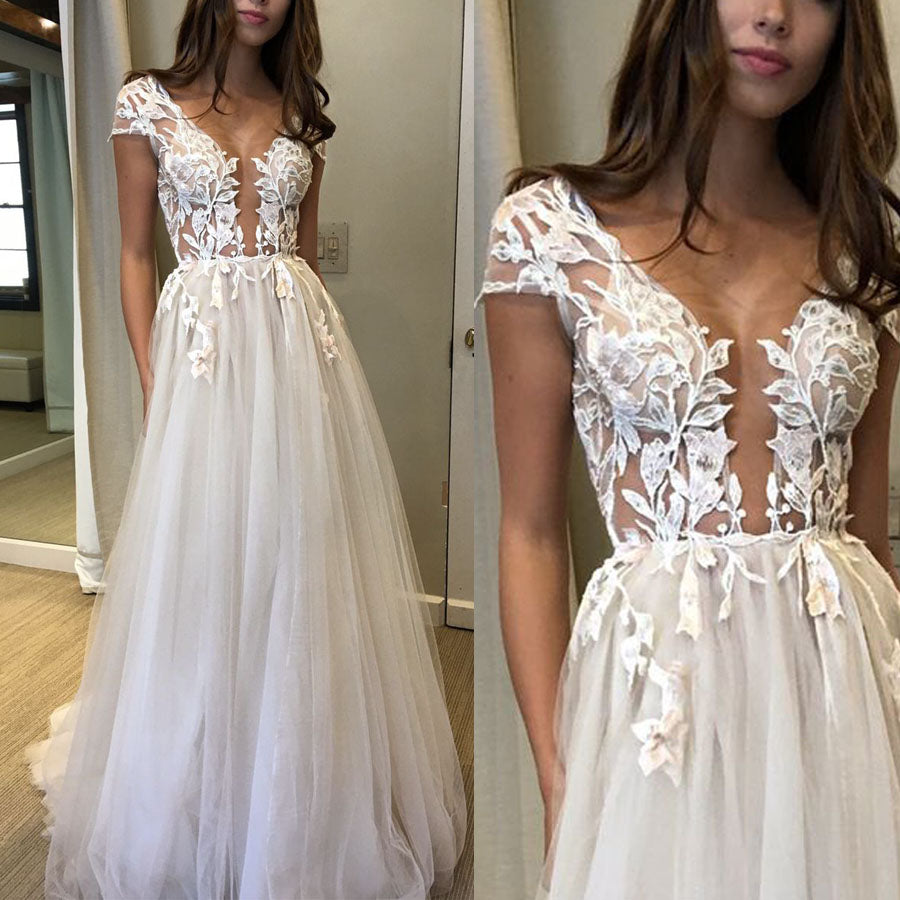 short sleeve lace appliqué wedding dresses 2020 a line tulle elegant d ...