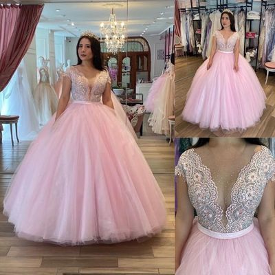 size prom dresses ball gown pink lace 