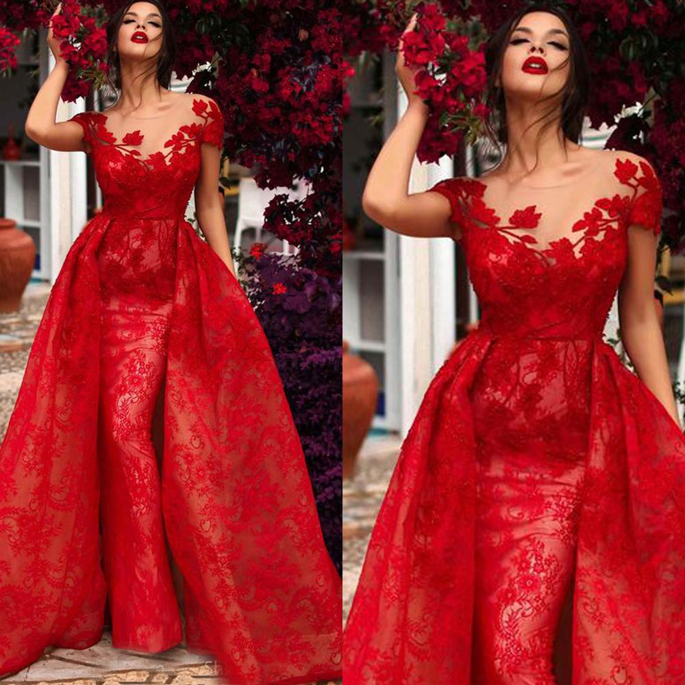 red evening gown with train