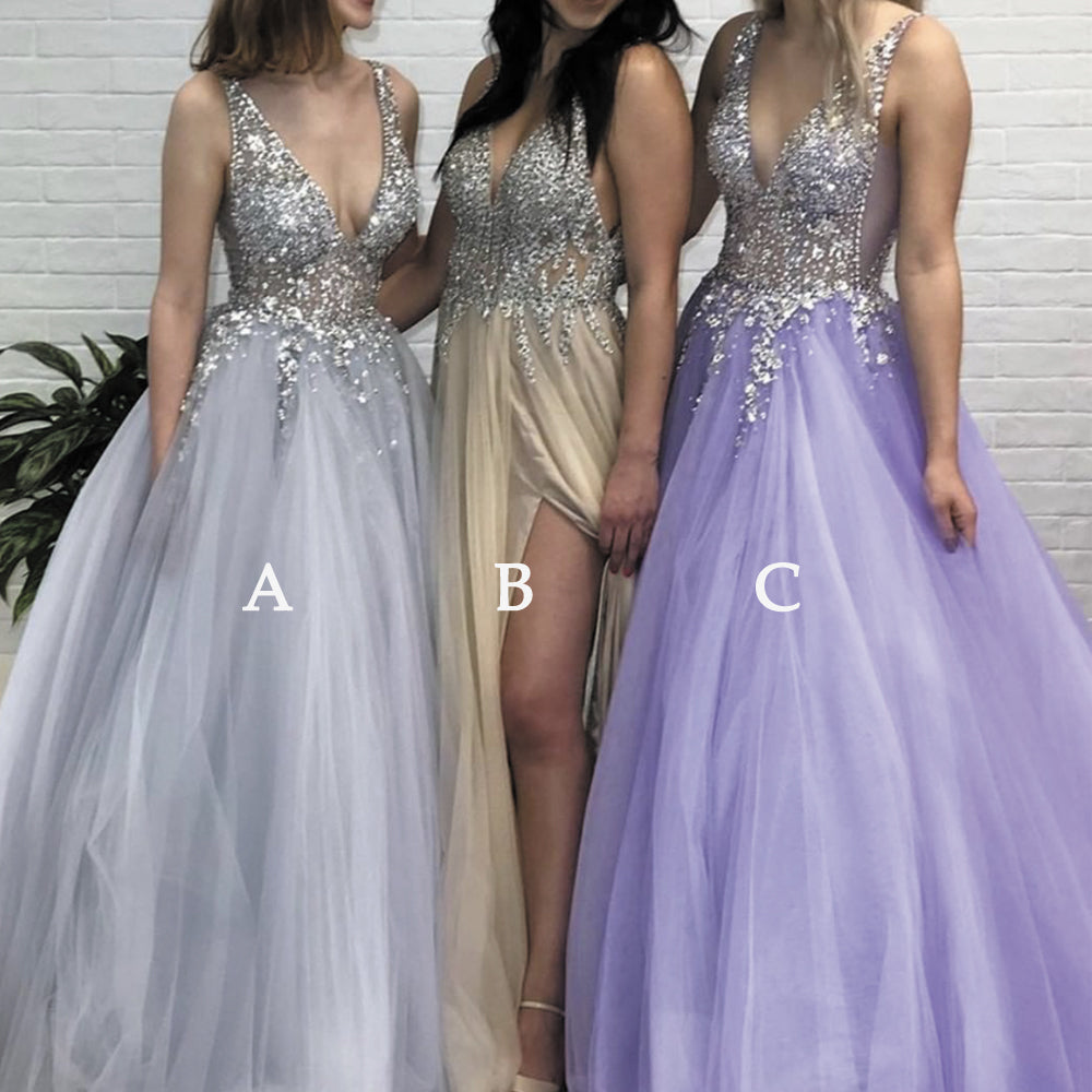purple and silver evening dresses