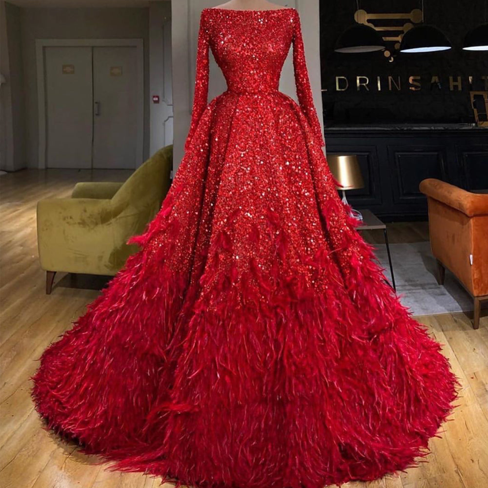 feather prom dress ball gowns red sparkly elegant long sleeve luxury p