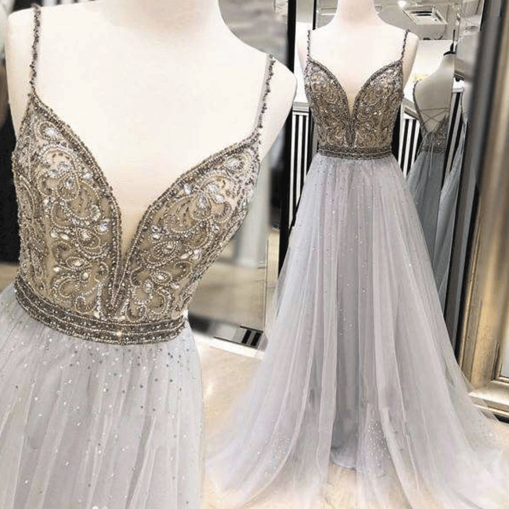 silver beaded prom dress