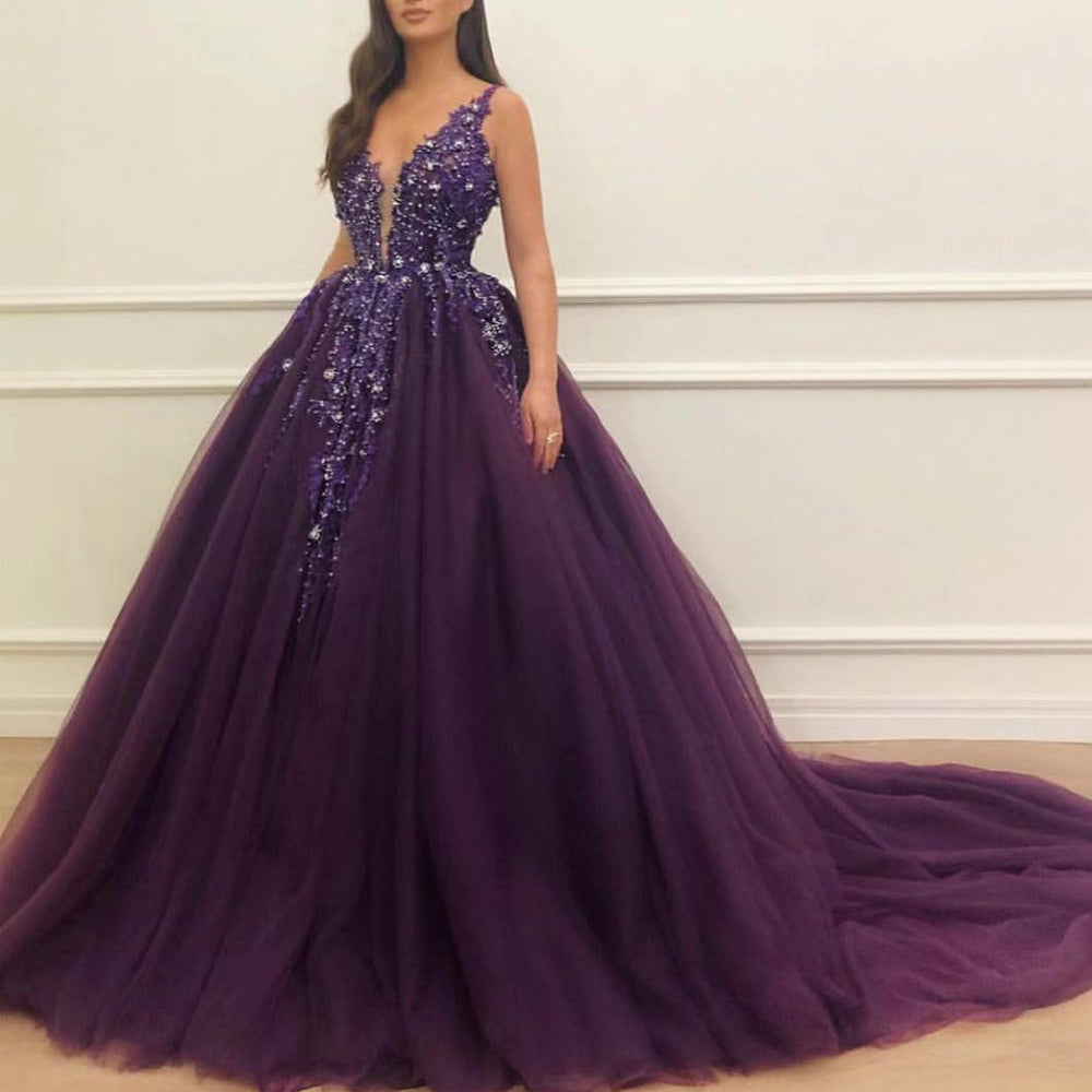 deep purple ball gown prom dresses 2020 deep v neck crystals beaded pr ...