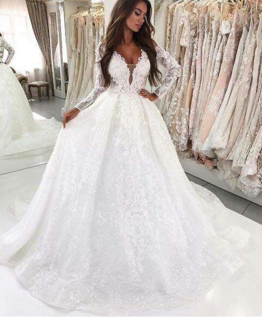 long sleeve lace applique wedding dress