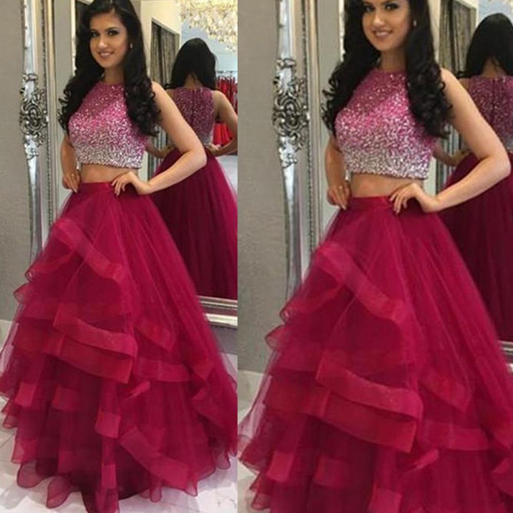 hot pink two piece prom dress