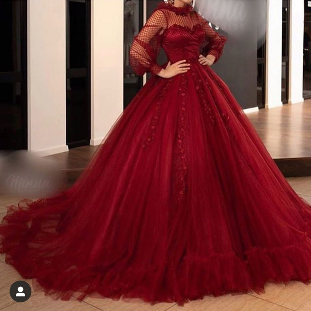 maroon ball gown with sleeves