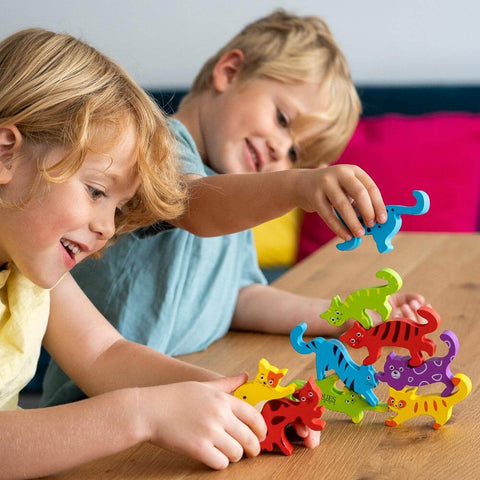 Crazy Cat stacking toy with two children playing with the game