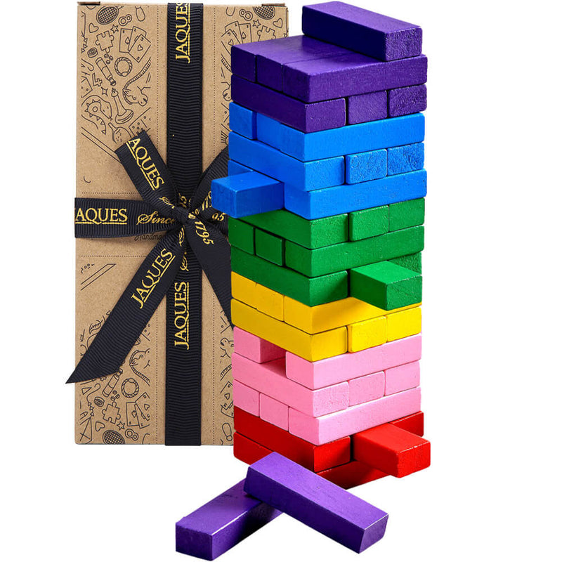 Rainbow tumble tower game for kids - a stack of bright rainbow coloured blocks