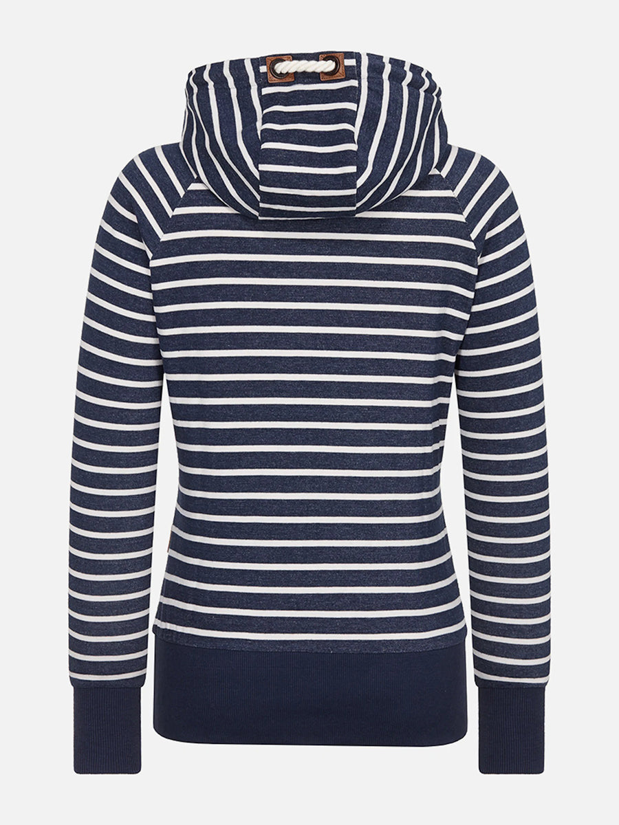 Wide Waistband Striped Hood With Drawstring Long Sleeve Pullover