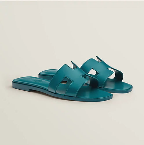 HERMES Epsom Oran Sandals 38 Bleu Glacier 800216