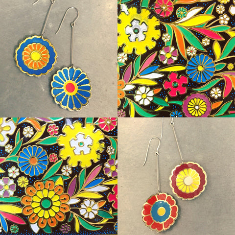 Vintage Stylized Upcycled Tin Flower Earrings by Christine Terrell for adaptive reuse jewelry