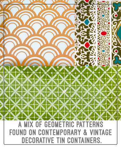 Geometric patterns found of contemporary and vintage tin containers