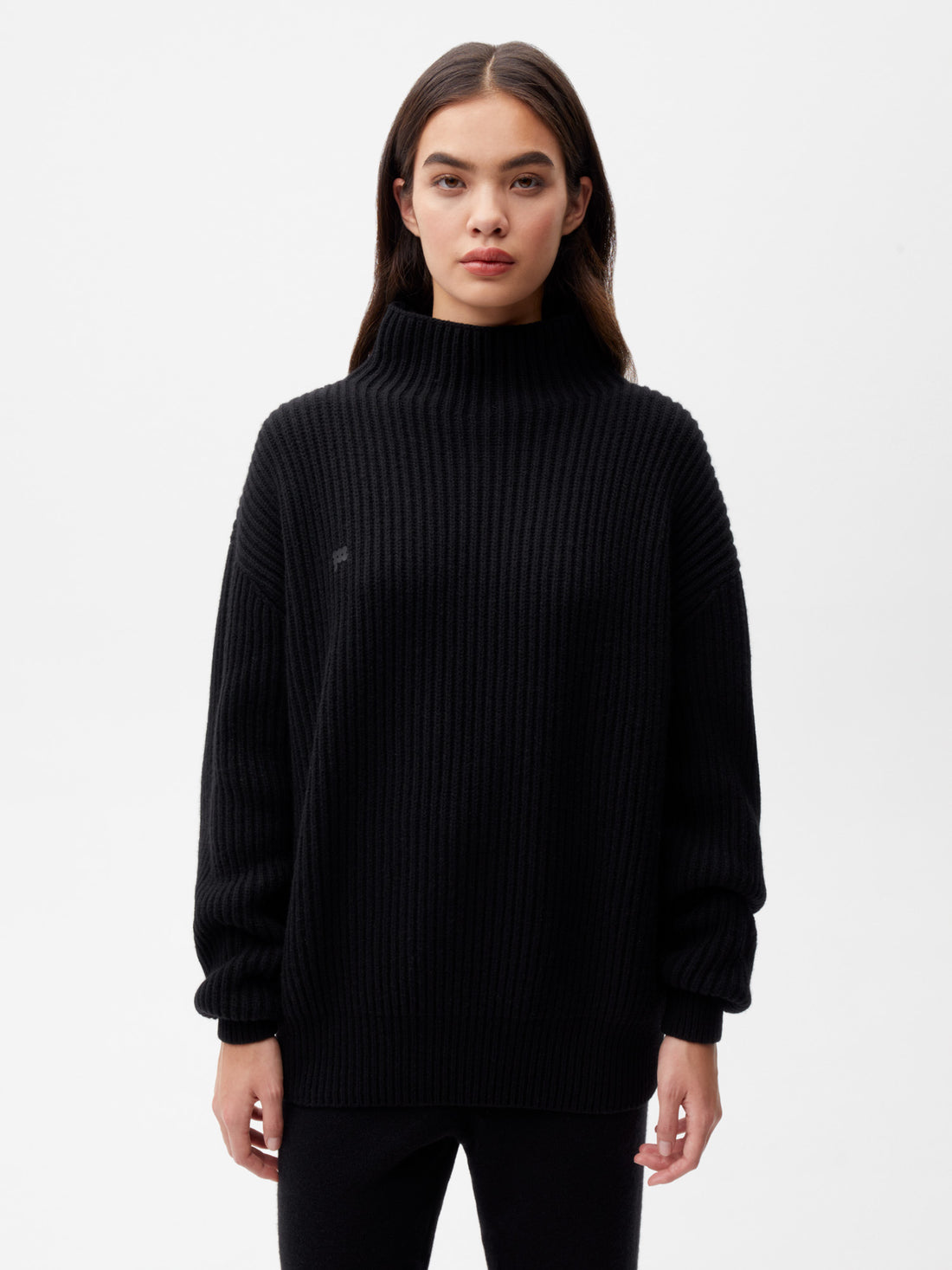 Recycled Cashmere Funnel-neck Sweater - Black - Pangaia