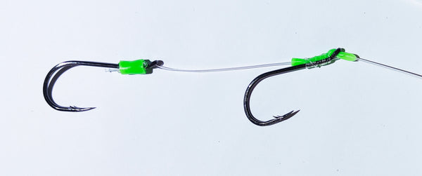 5 x 6/0 80lb Sliding gang rigs with green luminescent tubing