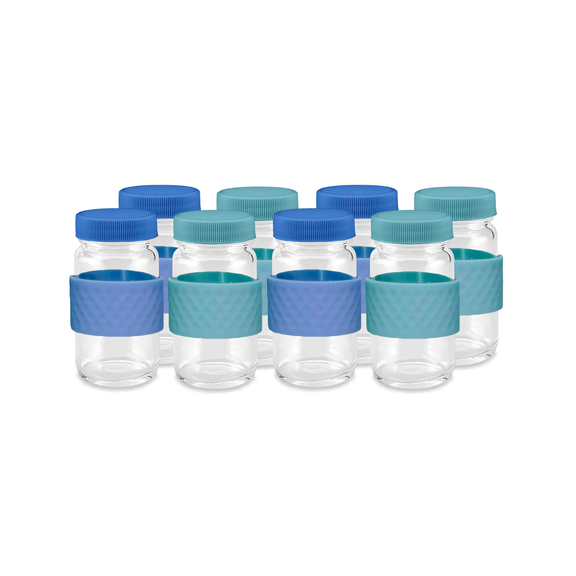 Image of Glass Juice Shot Bottles Set w/ Colored Lids & Grip Bands, 8 Pack Set, 2oz