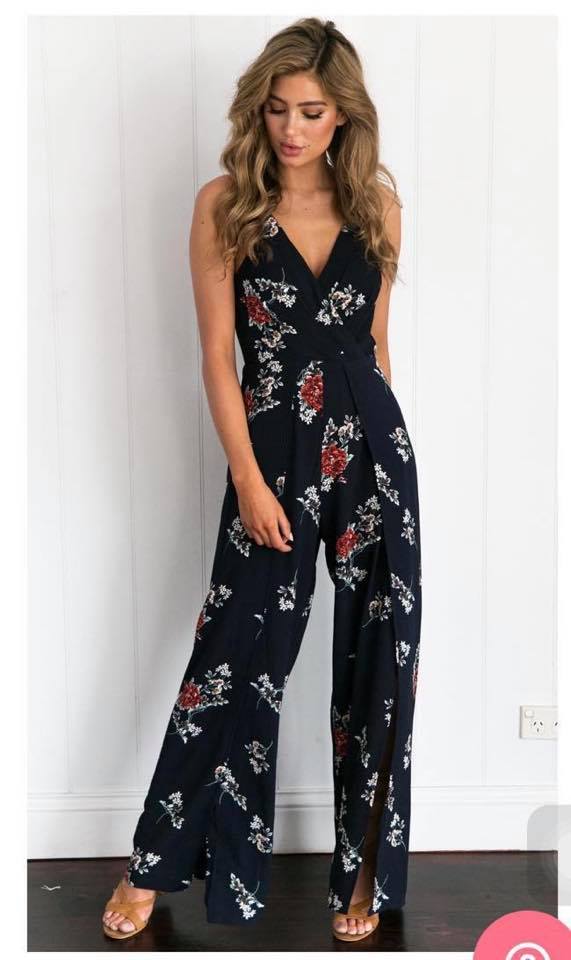 blue flowery jumpsuit