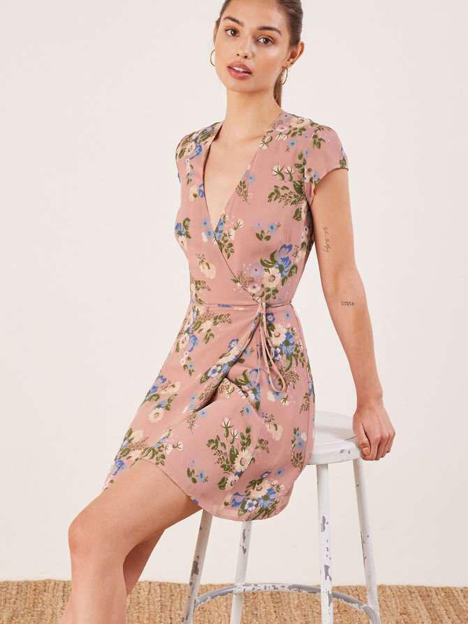 peach floral wrap dress