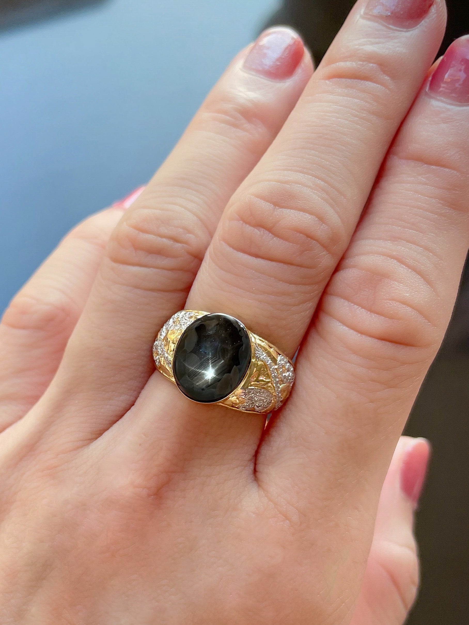 Filigree Black Star Sapphire & Diamond Ring