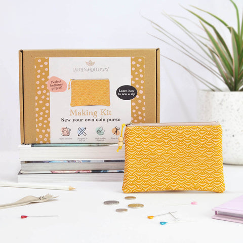 Sew your own coin purse making kit in yellow Japanese wave