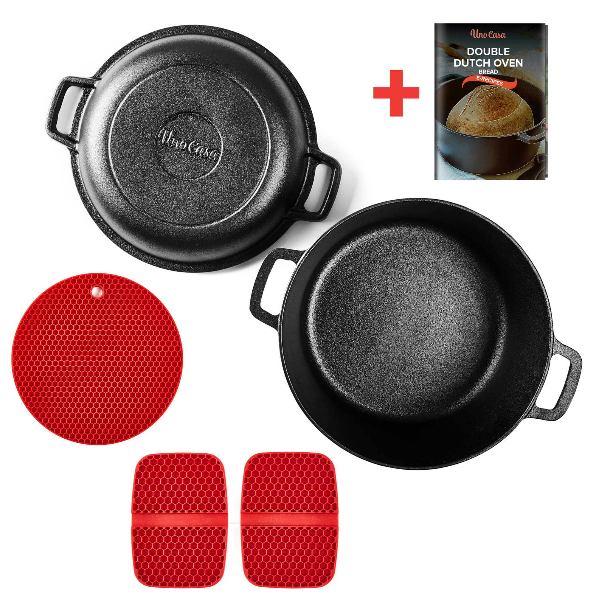 Uno Casa 2in1 Dutch Oven Large - 5 Quart Dutch Oven Pot with Lid, Seasoned  Cast Iron Camping Stove for Bread, Heavy Duty Cast Iron Pot with Frying Pan