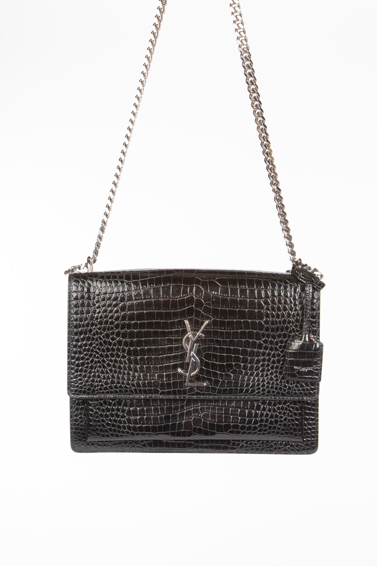 Black YSL Handbag - Crocodile Embossed Sunset Shoulder Bag – Luxury Parc