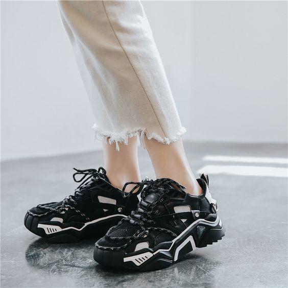New Arrival Trendy Design Black/White Dad Sneaker Shoes | Abershoes