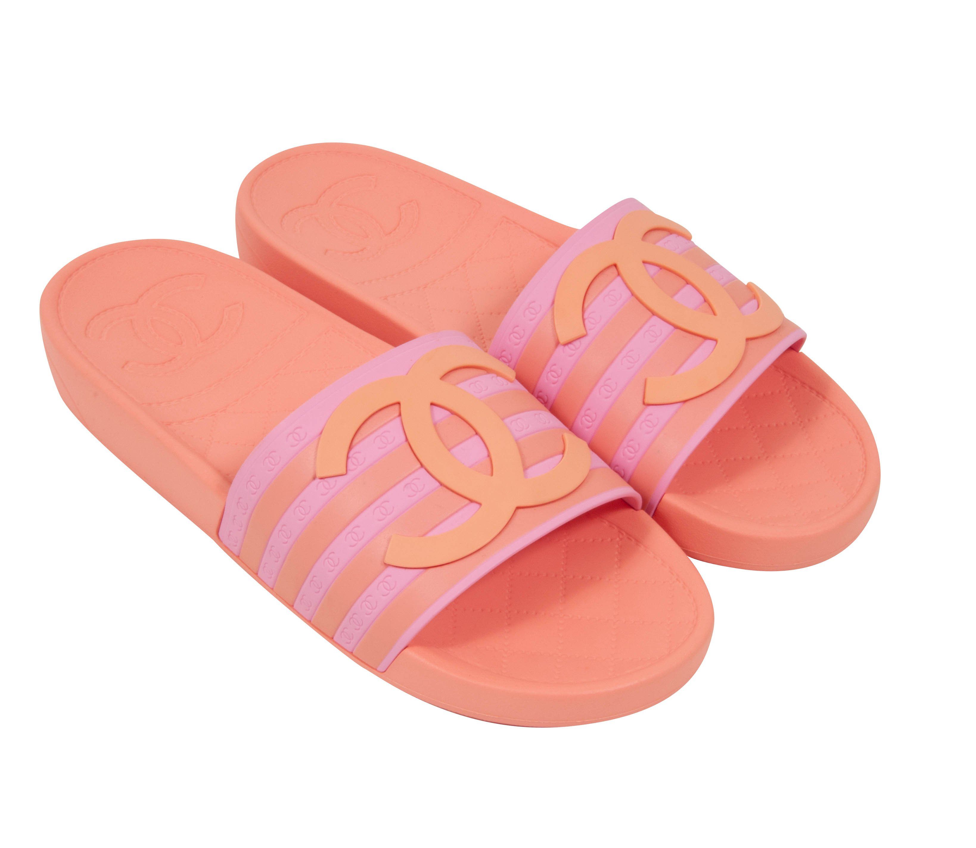 CHANEL 23C CC Leather Flat Slide Mules Espadrille Sandals Shoes Pink