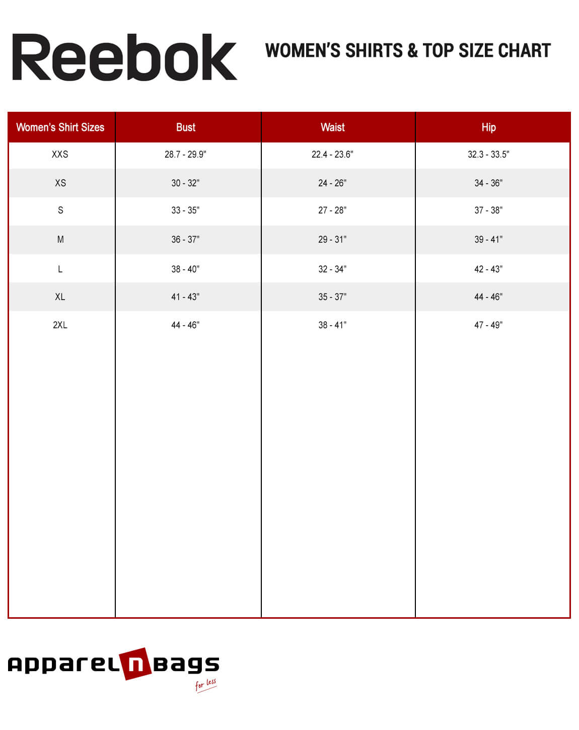 reebok women's size chart