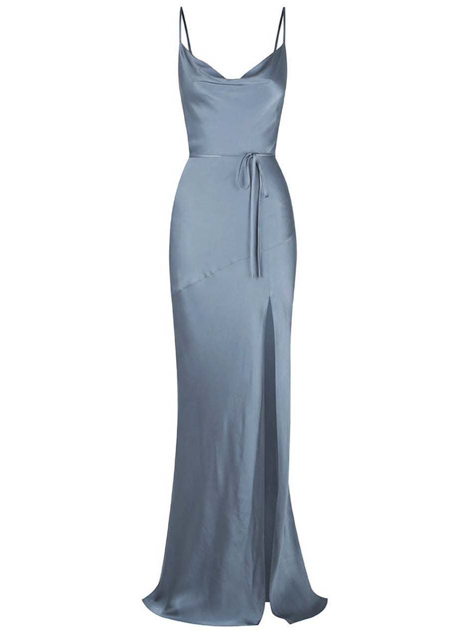 Shona Joy La Lune Bias Cowl Dress with Split and Tie in Blue Smoke ...