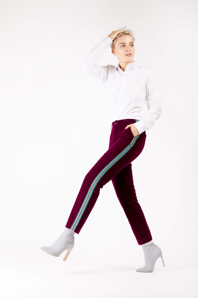 burgundy striped trousers