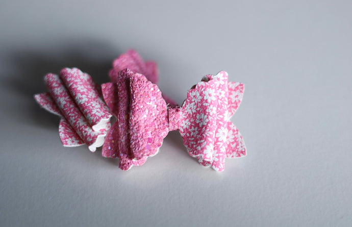 OOAK Pink Floral Pigtail Bow (Set of two) on clips