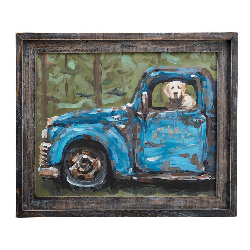 Dog In Blue Truck Framed Canvas