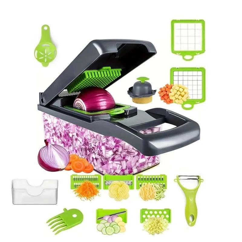 Multifunctional Vegetable Slicer, 14/16-in-1, Stainless Steel Blades, Durable Plastic, Eco-Friendly, Compact