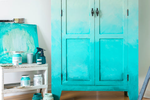 azure fusion mineral paint light blue cabinet makeover with faded effect