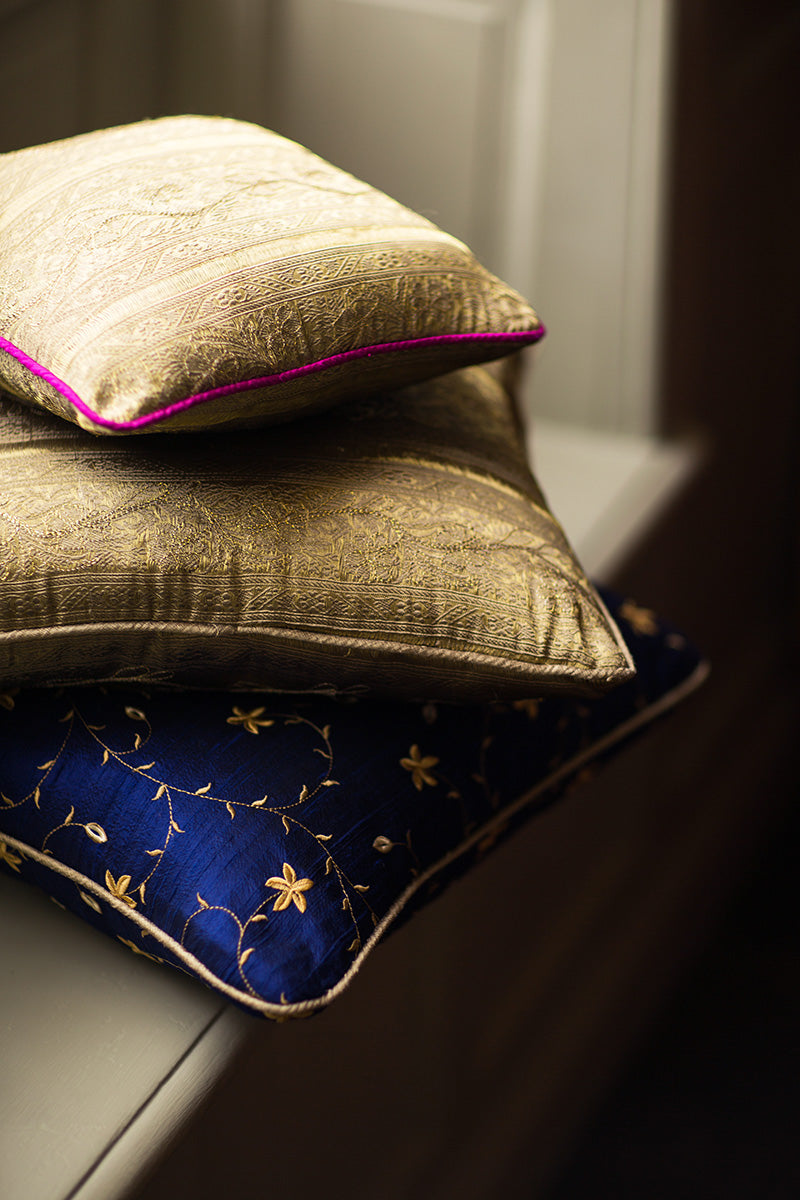 Raw silk and embroidered silk cushions