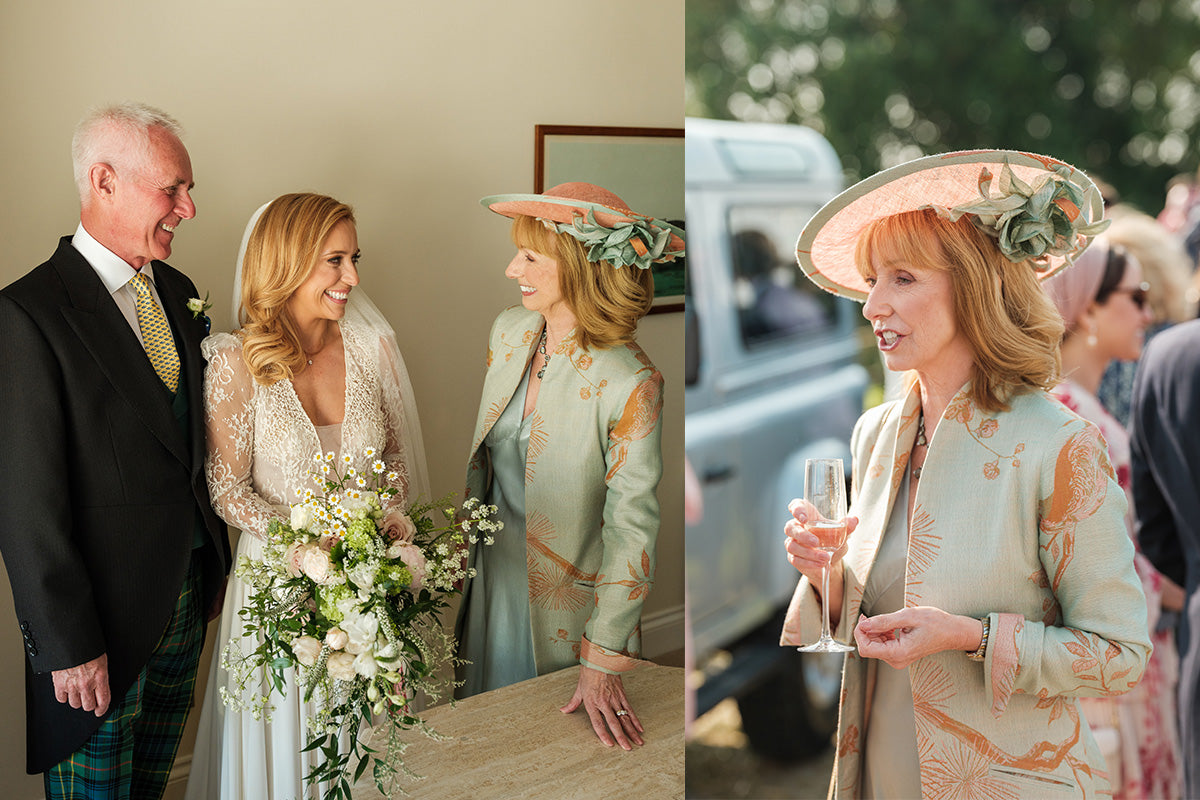 Mother of the bride wears a Devi coat in Eggshell, first picture shows bride with her mother and father, second shows mother of the bride holding champagne.