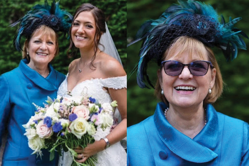 Mother of the Bride with bride. Mother of the bride wearing blue coat, Delphine Coat.