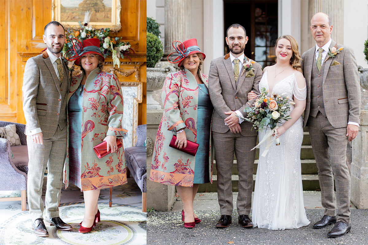 Mother of the groom wearing a lyra coat in Opaline. First image of mother of the groom with groom, second image of couple with mother and father of the groom