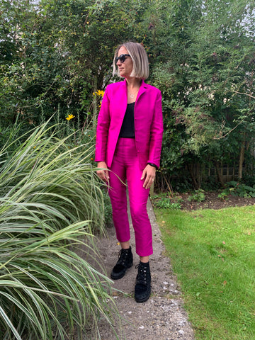 hot pink raw silk suit, power dressing, sustainable clothing