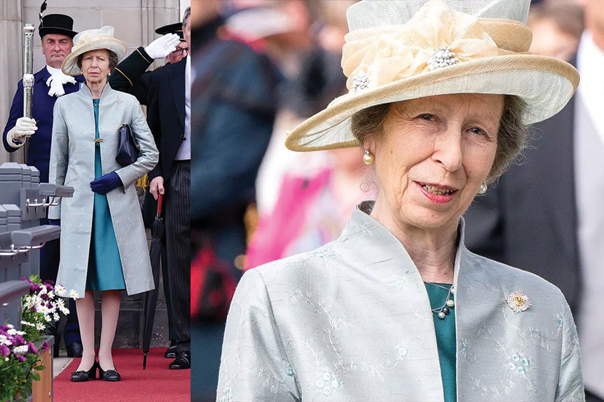 Princess Anne at garden party held at Hollyrood House wearing Lyra coat in Moon