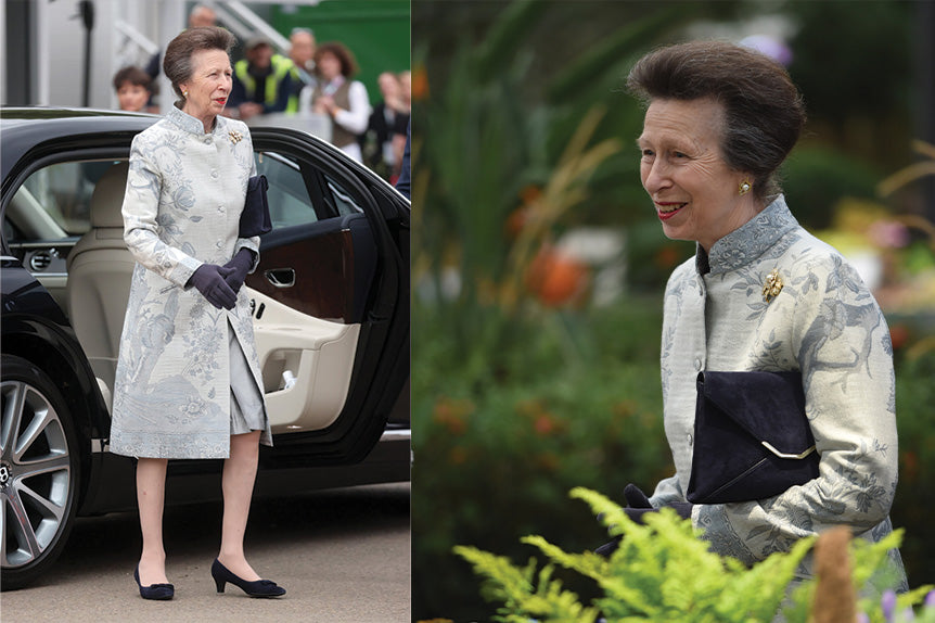 Princess Anne attends the 2021 Chelsea Flower Show wearing a Shibumi Nehru coat in Wedgewood